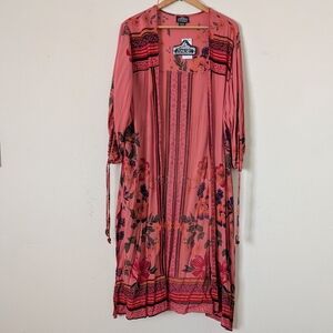 Angie Open Front Duster Coverup, Size Med, Coral Pink Floral Print NWT
